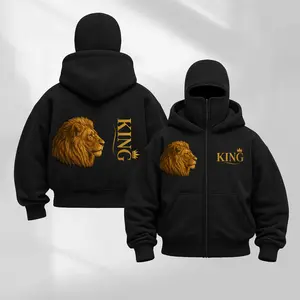 Balaclava Jacket Zip Up Lion Printed Fashion Double Layer Hoodie Hip Hop Outerwear Jacket Y2K Clothing for Men and Women