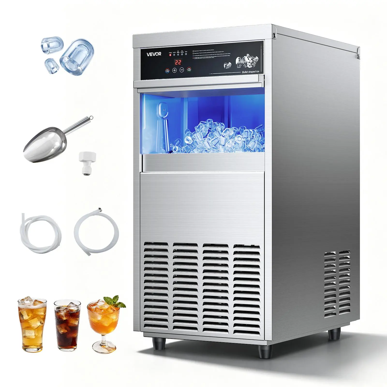 【Backtoschool】VEVOR Commercial Bullet Ice Machine, 100 lbs/24h Production with 30-35 lbs Storage, Built-in/Freestanding/Under Counter Stainless Steel Unit, Timer, LED Control, Low Noise Run, Auto Cleaning for Home Bar Restaurant