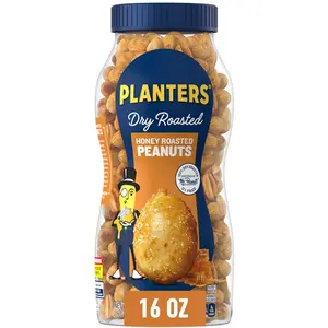 Planters Dry Roasted Honey Roasted Peanuts 16oz Jar Kosher Salted Nuts Sweet & Salty Party Snack Plant-Based Protein 7g per Serving