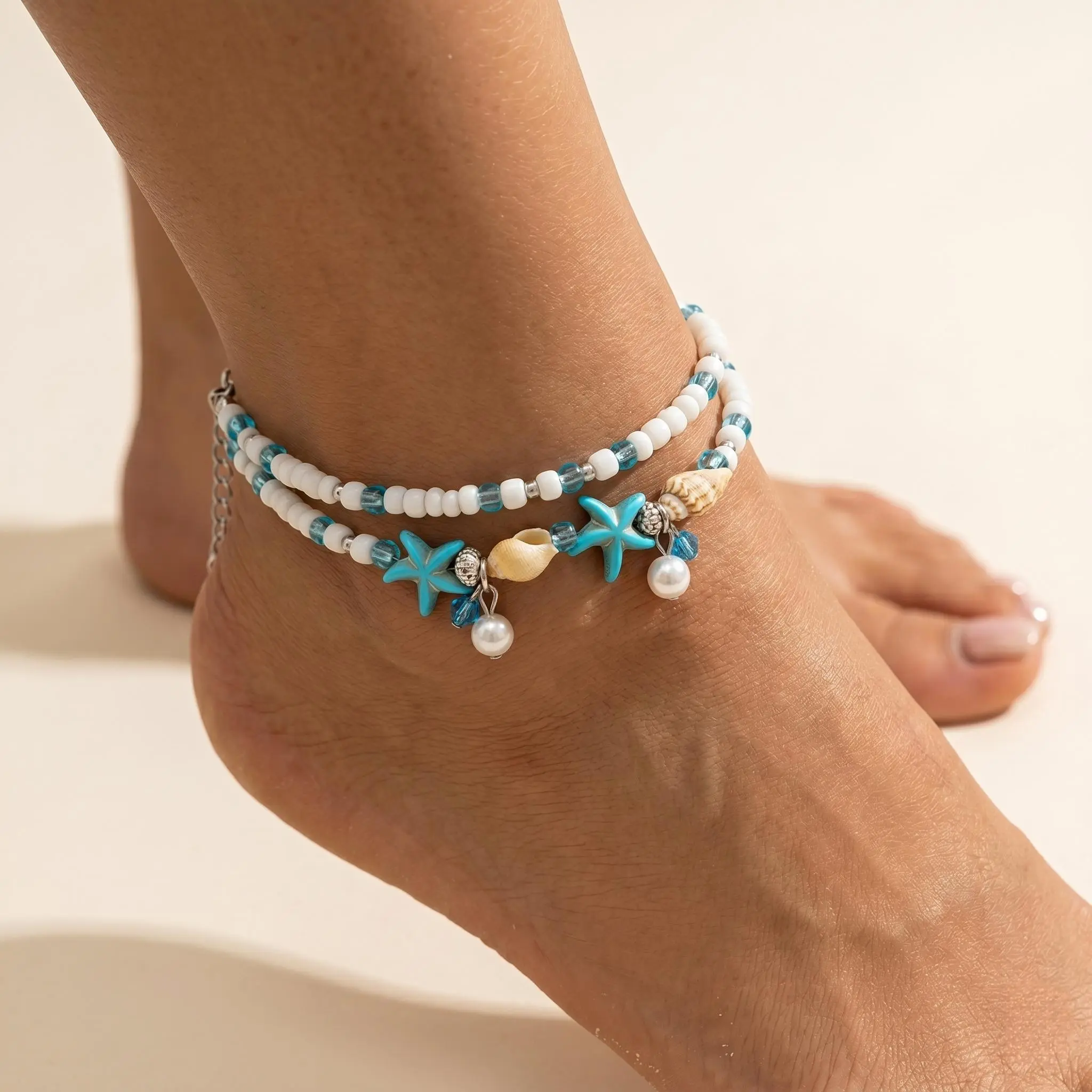 Shell Ankle Bracelet Set for Women, Gold Plated Boho Bead Adjustable Anklet, Hawaiian Beach Seashell Pearl Heart Starfish Conch Foot Jewelry Gifts