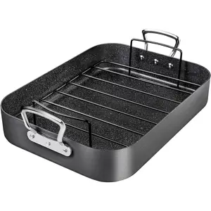 Roasting Pan with Rack, Hard Anodized Turkey Roaster Pan, Large Turkey Roasting Pan for Oven, Nonstick Rectangular Roaster Pan with Rack, 16 Inch x 12 Inch