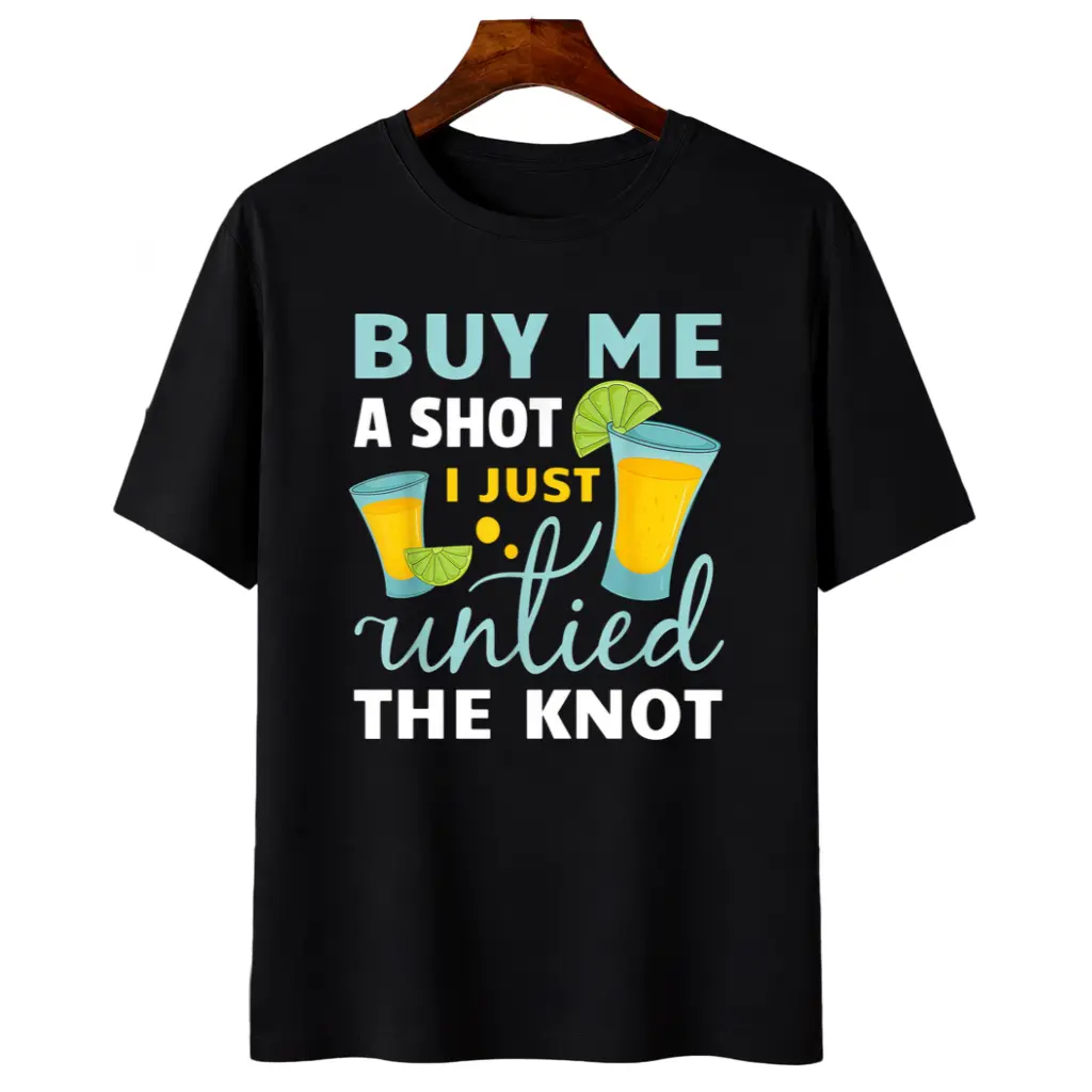 Funny Divorce Party T-Shirt, Casual Unisex Graphic Shortsleeve Top in Soft 100% Combed Cotton, Made in USA, Stitch, Garment, Menswear