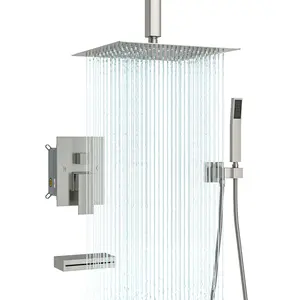 Sarlai Ceiling Mount Slide Bar Shower Faucet Set, Slide Bar Tub Spout Shower Kit with Handheld sprayer and Waterfall Tub Spout, Pre-Buried Valve, 12 Inch Square Rain Shower Head System