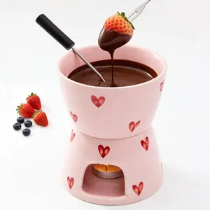 Fondue Cup with 2 Dipping Forks, Ceramic Chocolate Melting Cup Set, Individual Fondue Mug for Dessert, Small Chocolate Melter for Dating/Anniversary/Gift/Valentine (Pink)