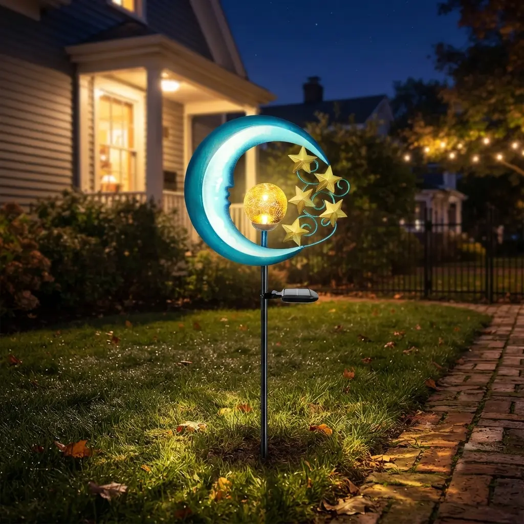 Solar Moon and Stars Garden Stake Light - Blue Crescent Moon, Crackle Glass Ball, Gold Stars, Waterproof Solar-Powered LED Outdoor Decor for Pathway, Yd