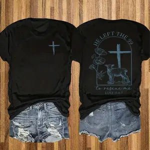 Women's Cross and Sheep Pattern Bible Story T-shirt, Bible Chapter, 180G Solid Color Double-sided Printed Round Neck Short Sleeve T-shirt, Casual Printed T-shirt, Fashion Single Piece