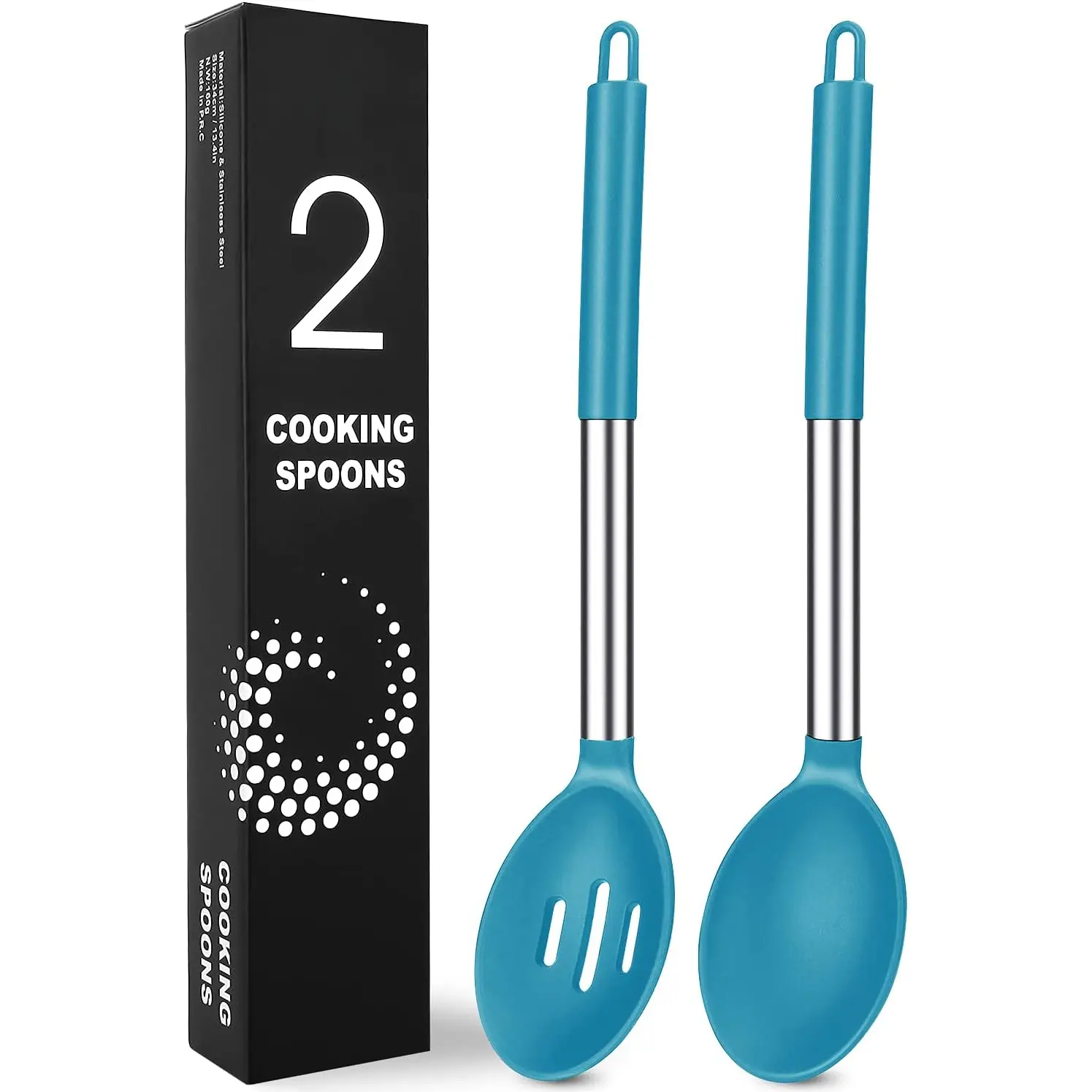 Pack of 2 Large  Cooking Spoons, Non-Stick Stainless Steel Slotted and Solid Spoon Set for Serving, Mixing, Draining, Heat Resistant, Scratch Resistant and   Scoops (Blue)