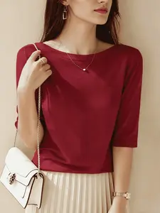 New Premium Knit One-Shoulder Mid-Sleeve T-Shirt, Summer Thin Loose Fit Fashion Casual Top, Pure Color Women's Blouse
