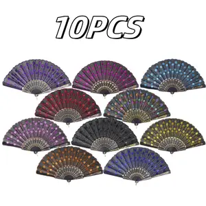 10PCS Decorative Folding Fans Sequin Fabric Folding Fans Foldable Hand Fan for 1920s Dancing Costume, Spanish Flamenco Gift, Photo Props, Prom, Wedding Decorations, Multicolor