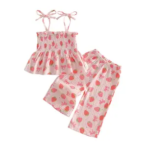 Toddler Baby Girl Strawberry Outfit Cotton Linen Sleeveless Ruffle Crop Tops Pants Set 2pcs Cute Summer Clothes