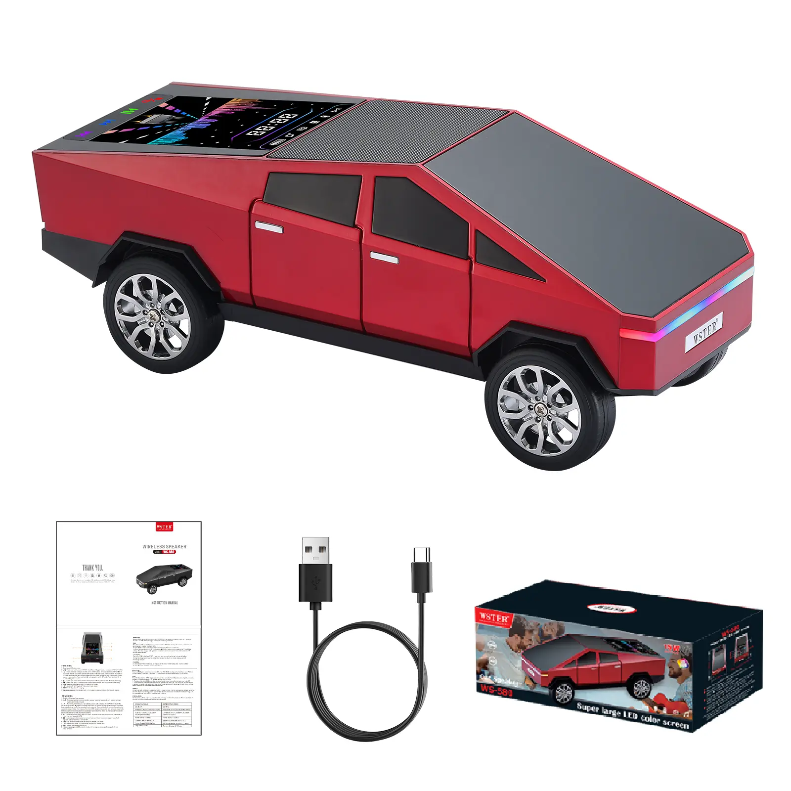 WSTER WS-580 Cybertruck Bluetooth Speaker Portable Car Speaker for Car Desk Gaming and Outdoor Easter Parties Easter Basket Stuffers Ideal Gift for Kids and Car Lovers with FM Radio USB TF TWS Stereo and LED Lights