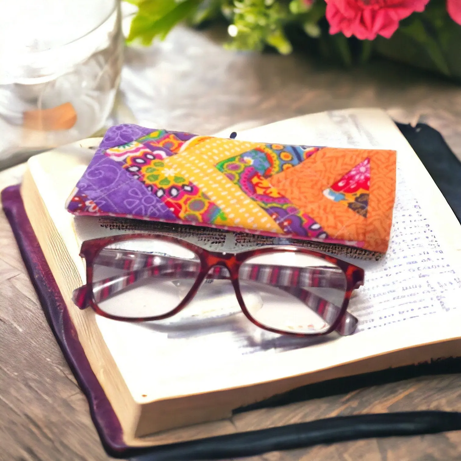 Handmade Scrappy Braided Patchwork Glasses Case - Quilted Country Cottage Style - Fits Most Eyeglasses & Sunglasses