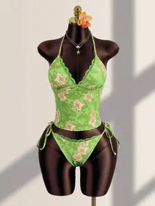 SwimRush Women's Summer Vacation Casual Beachwear Tropical Floral Print Strapless Strapless Vest Tank Top Bikini Lace Trim Two Pieces Swimwear Set