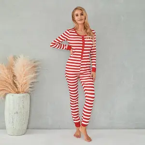 New Autumn Winter Xmas Striped Jumpsuit Sleepwear Women Long Sleeve O-Neck Buttons Bodycon Romper Female Pajamas Christmas Gift
