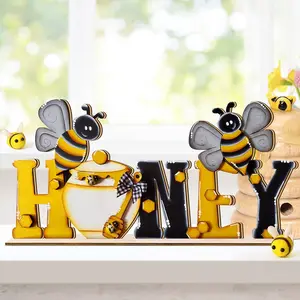 Summer Bee Theme Wooden Desktop Decoration Set, Cute Honey Jar 'honey' Letters, Farmhouse Living Room Bedroom Decor