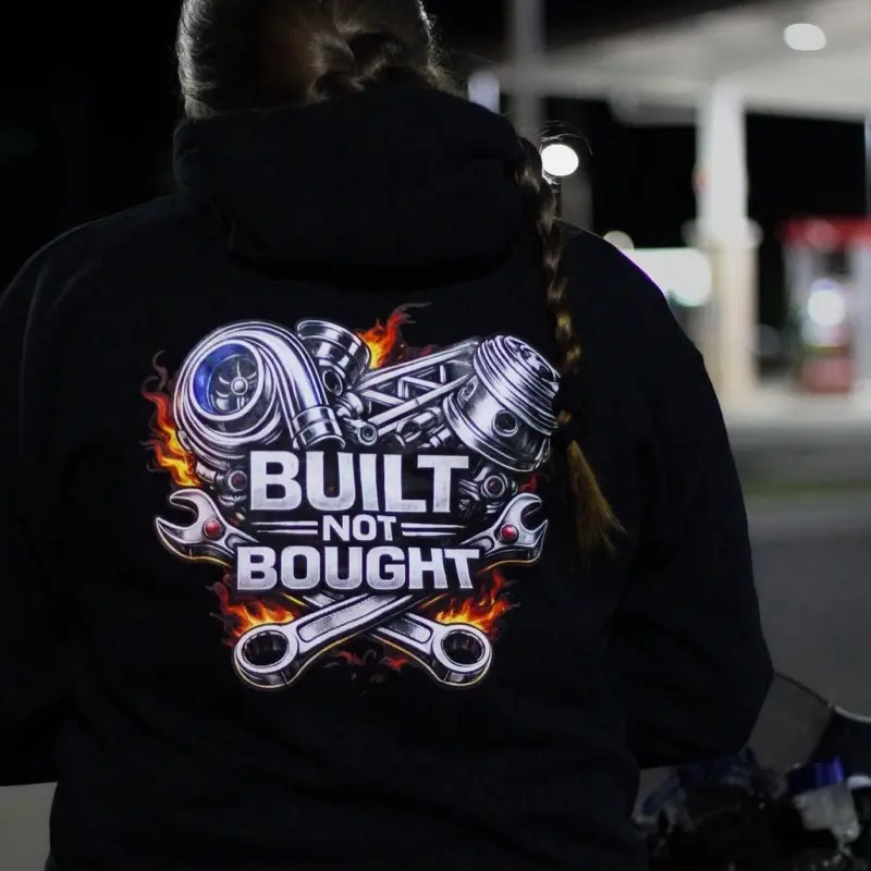Built Not Bought Turbo Hoodie –  Performance Streetwear for Riders, Racers, and Gearheads | Full Throttle Fam Custom Racing Apparel Menswear Graphic Pullover