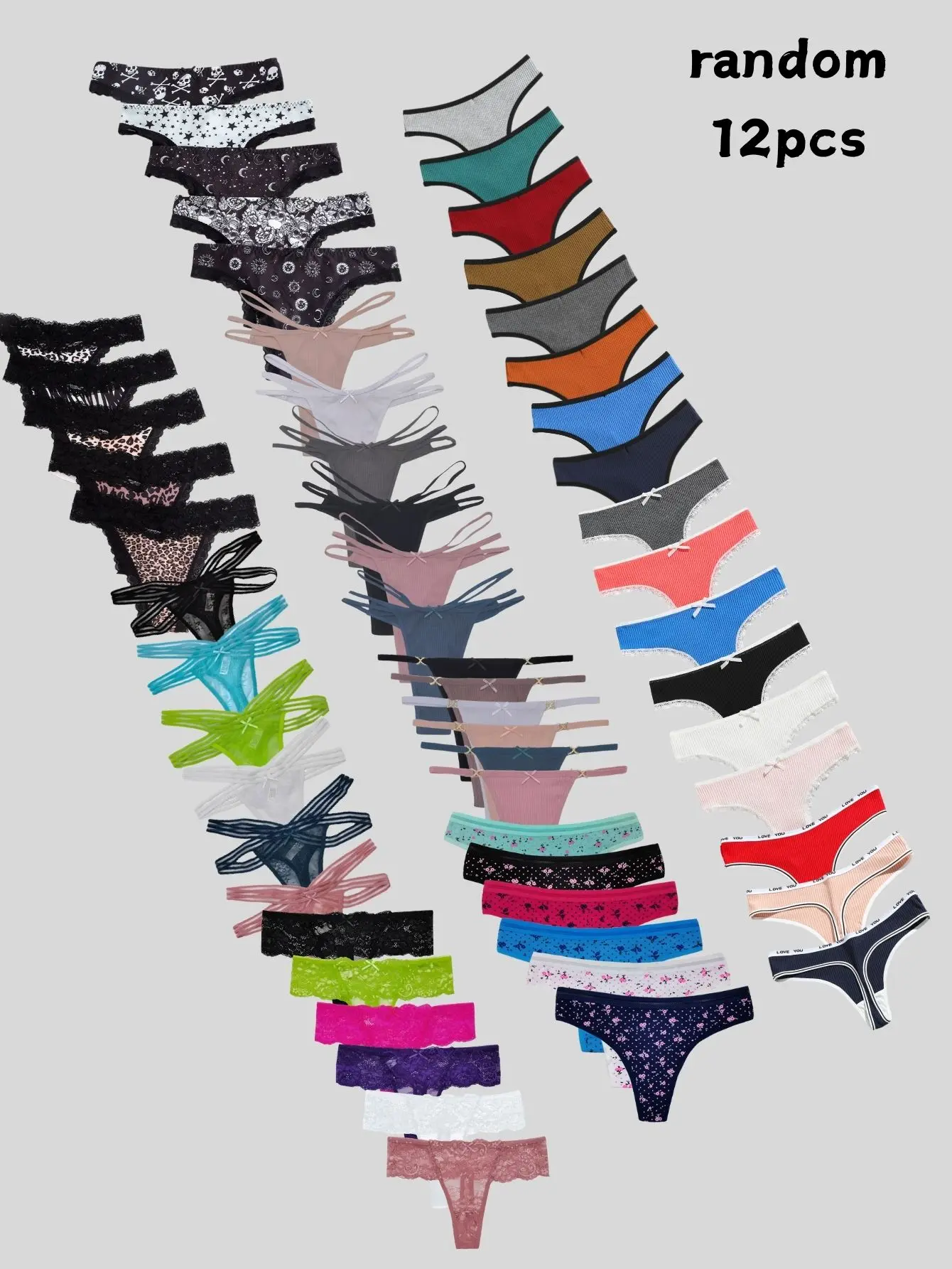 Women's 12pcs Multicolor Panty Pack - Randomly Assorted Print, Low-Rise, Soft Cotton Lace, Sexy Comfortable Everyday Style Tanga Thongs