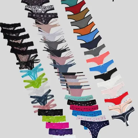 Women's 12pcs Soft Cotton Everyday Panties Pack - Low-Rise Lace Soft Thongs, Random Assorted Prints, Multicolor Underwear