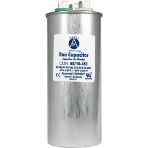 Appli Parts Dual Run Capacitor for ac 55+10 Mfd uF (microfarads) 370VAC or 450VAC CBB65 Round Universal fit for hvac and other applications 5-5/8 in High 2-1/8 in Wide CON-55/10-450