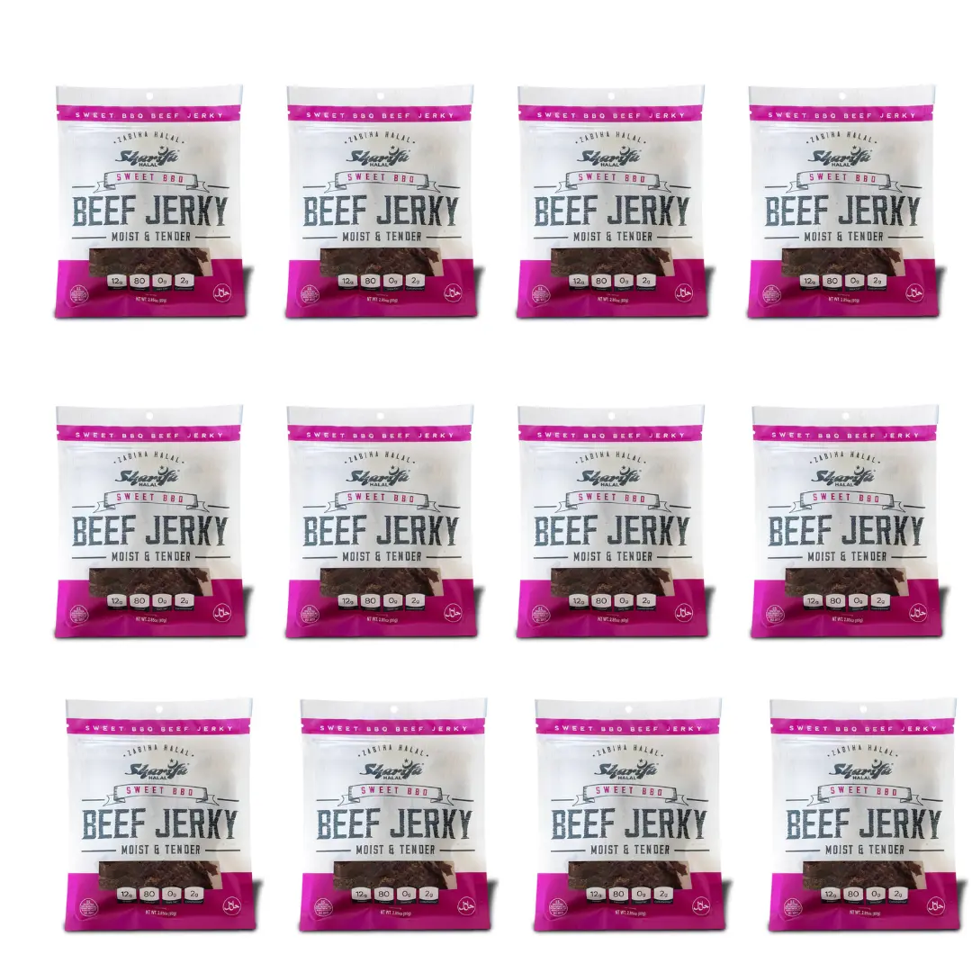Sharifa Halal Beef Jerky, Sweet Barbeque, 1 Case (12) 2.85 oz. Bag – Great Everyday Halal Jerky Beef Meat Snack, 100% Real Zabiha Halal Beef, 12g of Protein, 80 Calories, 0g Trans Fat, & 2g of Carbohydrates