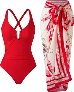 One Piece Swimsuit Women with Cover Up Set Retro Bathing Suit for Women Tummy Control Beach Wrap Skirt