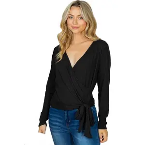 Long Sleeve Surplice - White Birch Black Wrap Top with Tie- V Neck Casual Minimalist OL Style Women's Blouse