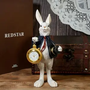 1 PC Vintage White Rabbit Clock Statue | Wonderland Inspired Home Decor | Resin Animal Figurine with Pocket Watch