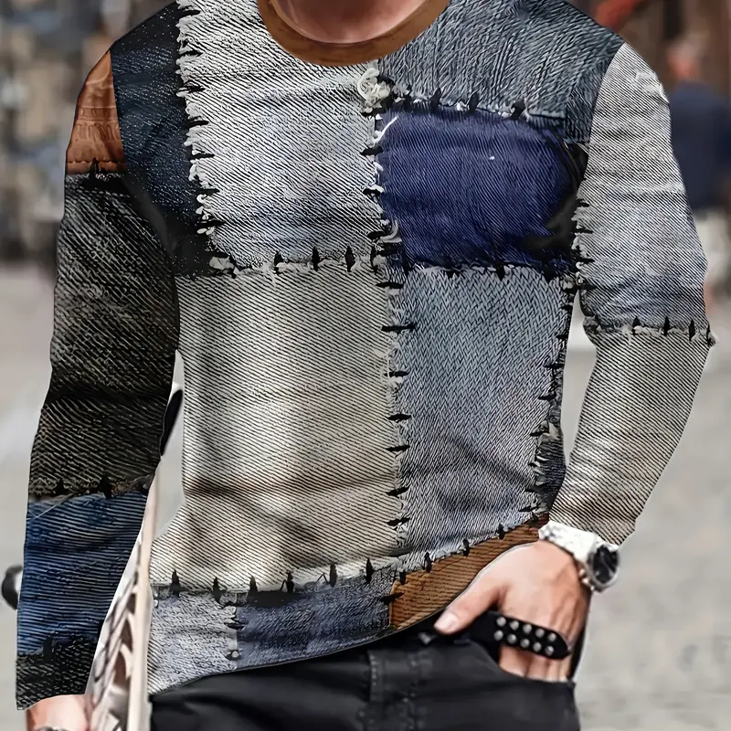 Men's Fashion 3D Faux Denim Print Long Sleeve T-Shirt, Casual Fitted All over Print Top, Perfect for All Seasons