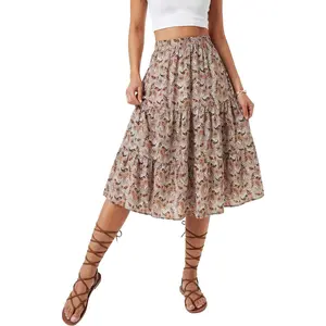 Women's Floral Print High Waisted A Line Tiered Ruffle Boho Swing Midi Skirts with Pockets