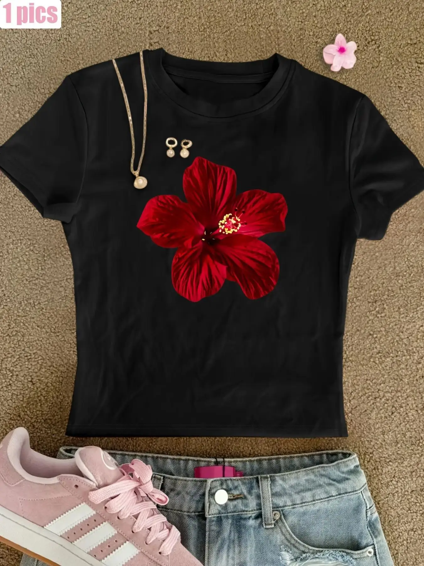 Unisex Graphic Tee Red Hibiscus Flower Tropical Floral Print Crop Top Design Casual Summer Streetwear Style Crewneck Short Sleeve Soft Cotton Breathable Slim Fit Daily Wear Vacation Beach Outfit Trendy Aesthetic Gift Top