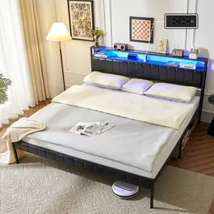 AMERLIFE Platform Bed Frame, LED Bed Frame with PU Leather & Charging Station, 2-Tier Storage Headboard/No Box Spring Needed/Noise Free