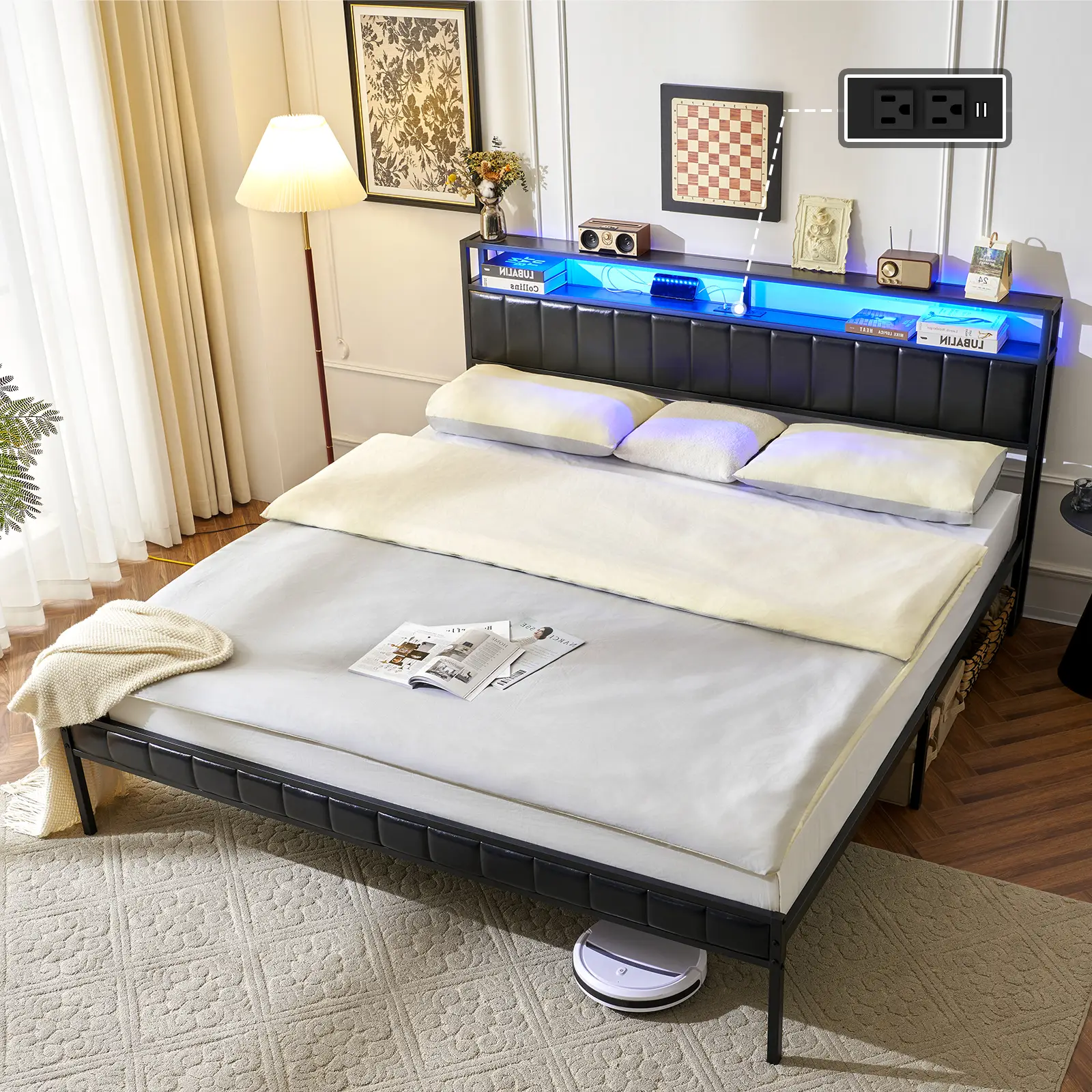 AMERLIFE Platform Bed Frame, LED Bed Frame with PU Leather & Charging Station, 2-Tier Storage Headboard/No Box Spring Needed/Noise Free