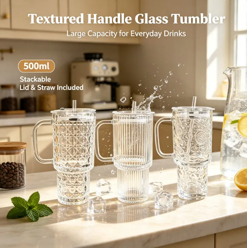 Modern Thick Glass Tumblers (17oz) with Handle & Lid, Straw-Included Drinkware for lced Coffee, Travel Car Use,Handle Keeps Drinks Steady for Office Desks