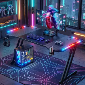 Z-Shaped Gaming Desk with LED Lights, Carbon Fiber Surface Large Computer Desk, Ergonomic Gamer Workstation with Cup Holder and Headphone Hook for Home Office