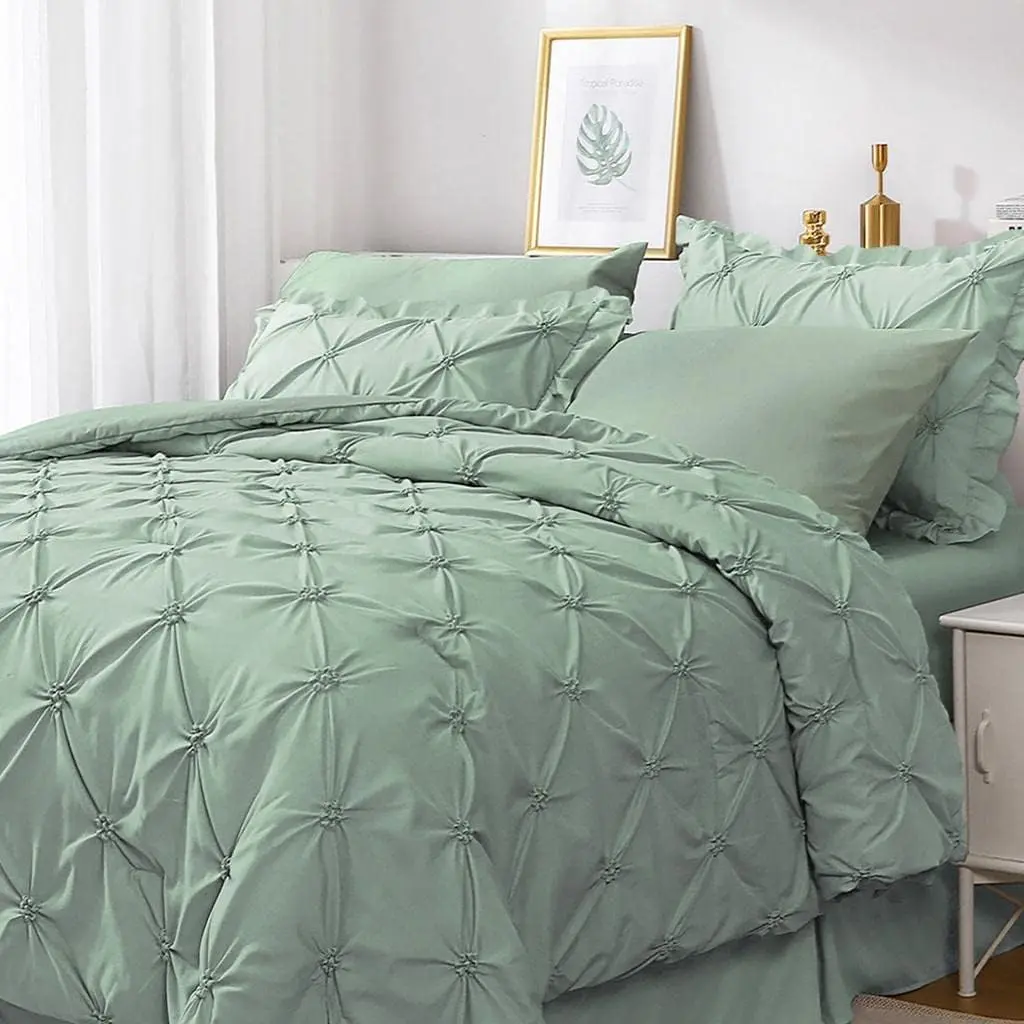 Green Full Size Comforter Sets 7 Pieces, Pintuck Bed in a Bag Comforter Set for Bedroom, Bedding Comforter Sets with Comforter, Sheets,Ruffled Shams & Pillowcases