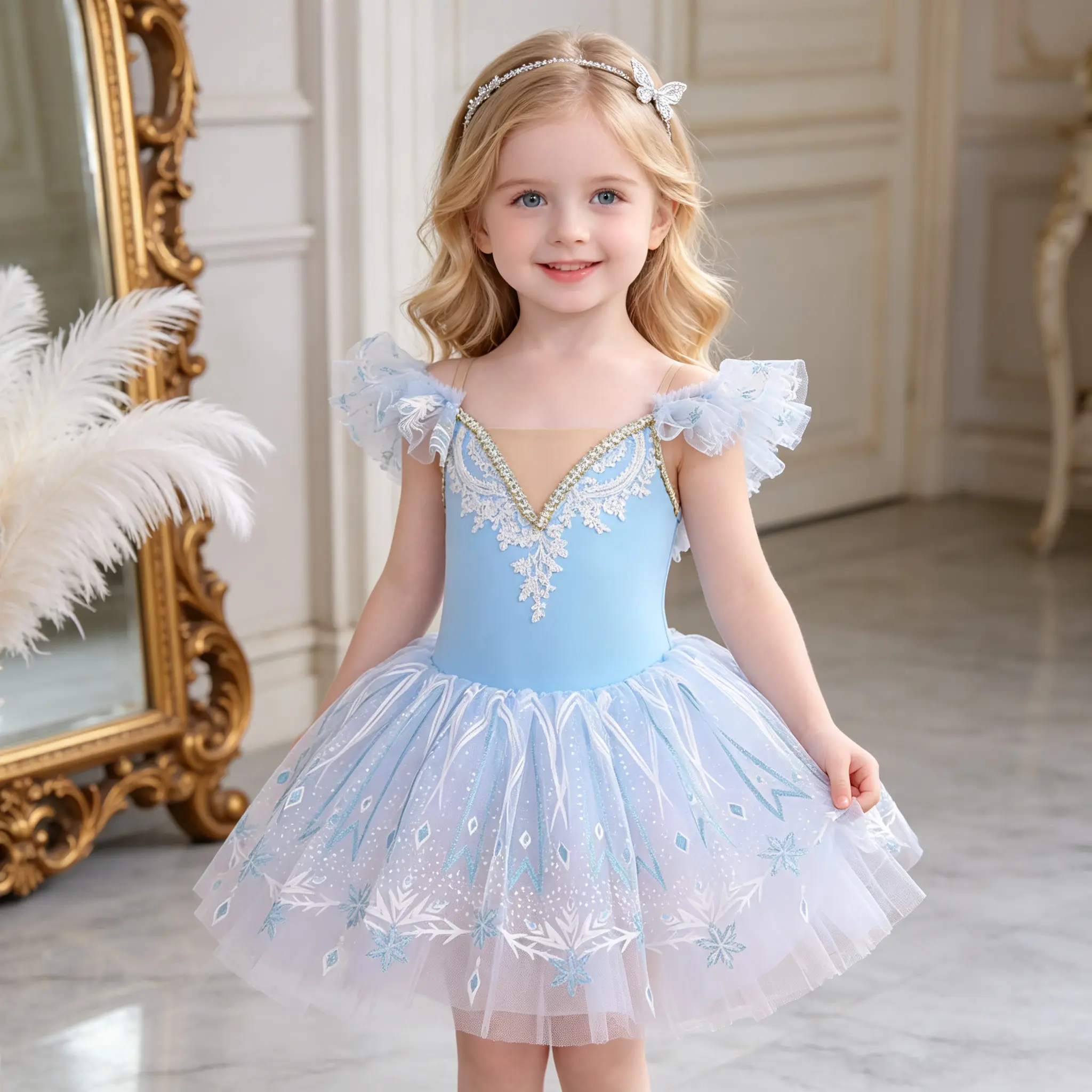 Girls Light Blue Snowflake Ballet Leotard Tutu Dress | Lace Ruffle Sleeve Dancewear for Ballet Class & Toddler Recital