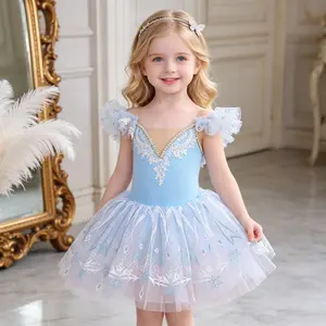 Girls Light Blue Snowflake Ballet Leotard Tutu Dress | Lace Ruffle Sleeve Dancewear for Ballet Class & Toddler Recital