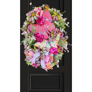 Pink Butterfly Flower Wreath, Lightweight Front Door Decoration for Spring & Summer, Festive Home Gift with Butterflies