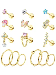 15 Pcs Golden Stylish Cartilage Piercing Studs for Women Men Glossy Stainless Steel Cartilage Ring Refined Flat Back Piercing Earrings Shimmering CZ Heart Butterfly Star Motif Helix Piercing Jewelry Bundle Cartilage Hoops Practical Flat Back Studs
