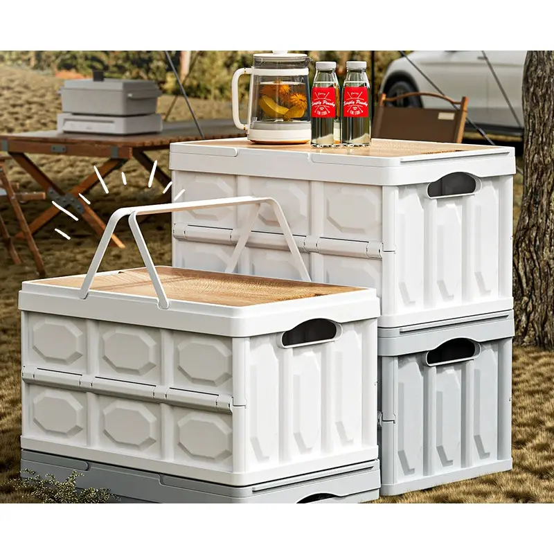 Collapsible Storage Bin with Handles and Wooden Lid, Multi Purpose Foldable Large Capacity Stackable Utility Crates Holds 33lbs for Outdoor Home Storage Organizing Moving