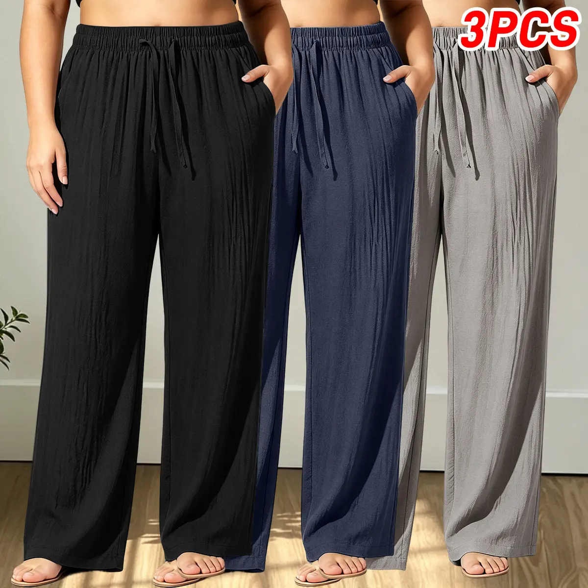 JOGWAVE Women's 3-Pack Casual Basic Trousers, Solid Color Breathable Fabric, Elastic Drawcord Waistband, Comfortable Pants for Women's Clothing, Suitable for Everyday Wear & Travel