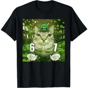 Funny Six Seven Cat St Patrick Day Leprechaun Hat 67 Meme T-Shirt