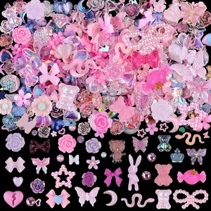 3D Cute Nail Charms, 100 Pieces Rabbit Butterfly Flower Bow Nail Art Charms Mixed Flatback Nail Rhinestones Pearls and Glitter As Gift, Resin Charms for Design DIY Crafts