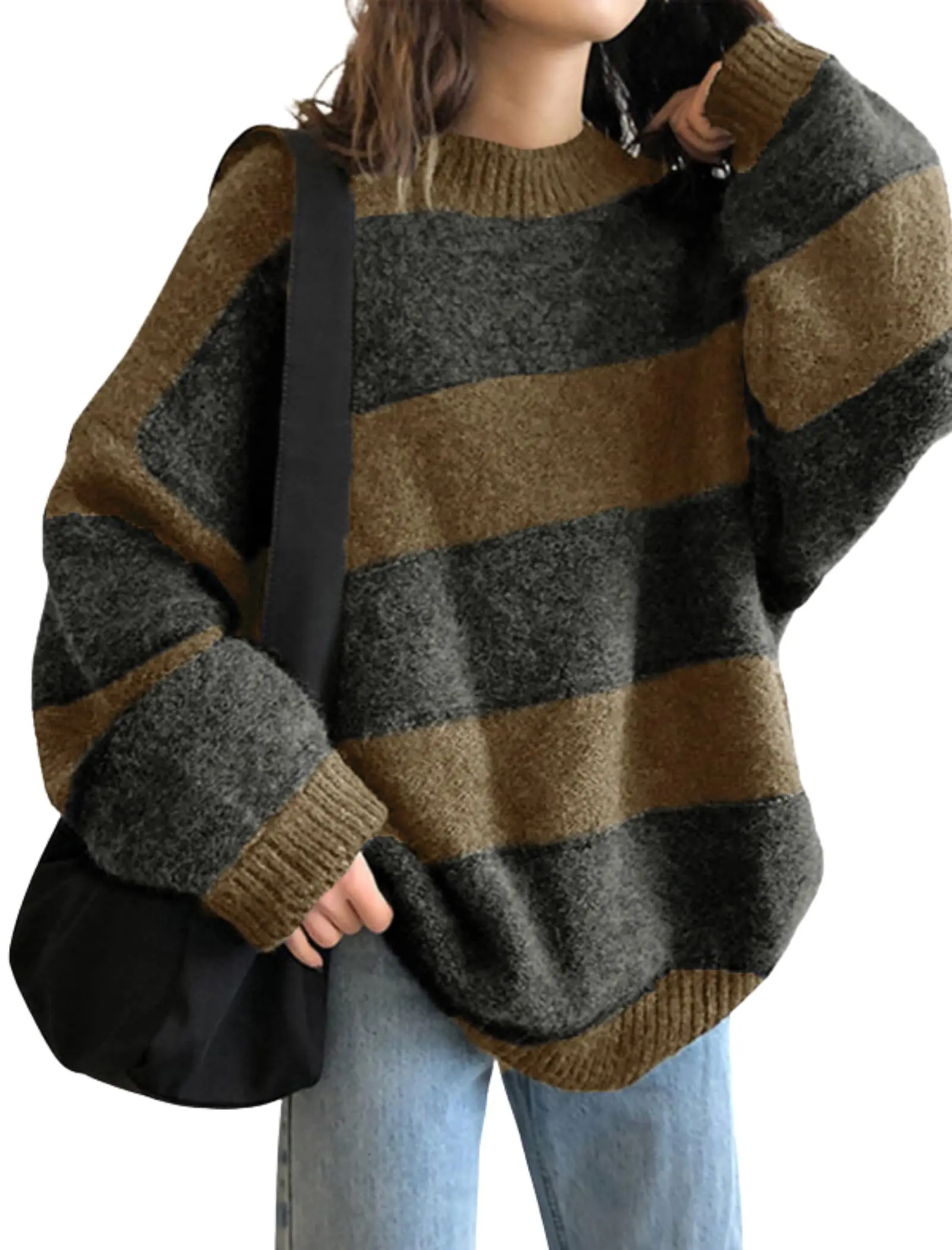 EMMIOL Women's Oversized Striped Sweaters 2026 Autumn And Winter Trendy Long Sleeve Knit Outfits Crewneck Fashion Pullover Tops