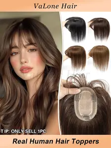 Real Human Hair 8x12 Hair Topper for Women, Straight Hair with Bangs, Invisible Seamless Clip-In Extensions, Natural Look, Invisible Clips