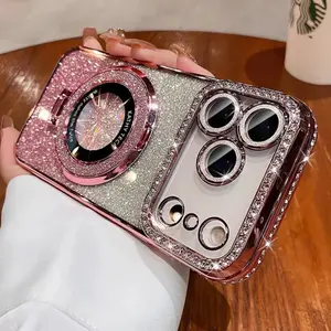 Light Luxury CreativityLuxury Plating Diamond Glitter Holder Stand Phone Case For IPhone17 16 15 14 13 12 Pro Max Magsafe Lens Protector Back Cover Anti-Fall Shockproof Gold Protection Cellphone