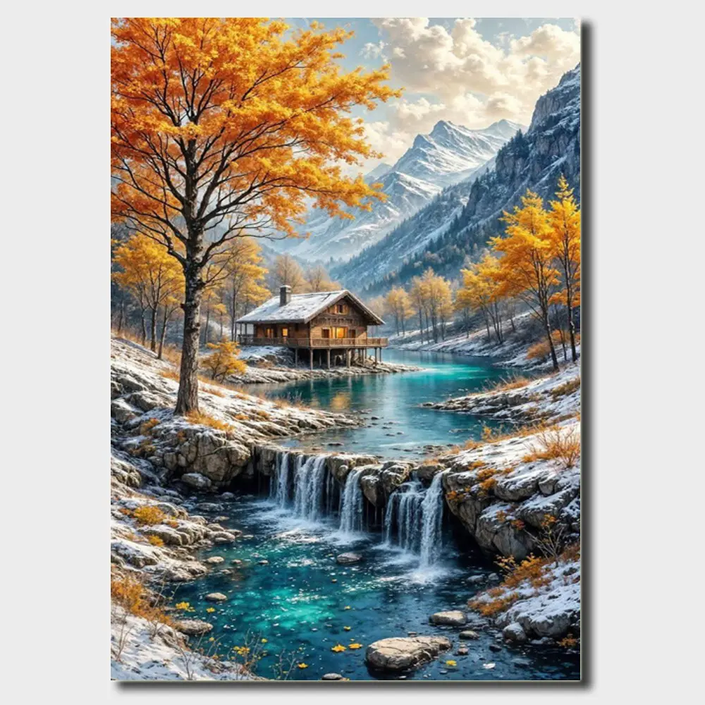 Unisex 1PC 5D DIY Snowy Mountain Lake Cabin Diamond Painting Kit, Polyester Rhinestone Bedazzling Kit, Stress Reliever for Home Bedroom Wall Decor, Perfect for Beginners