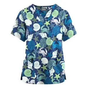 Ocean Life Navy Print Scrub Top | Fun & Durable Nursing Uniform for Nurses & CNAs