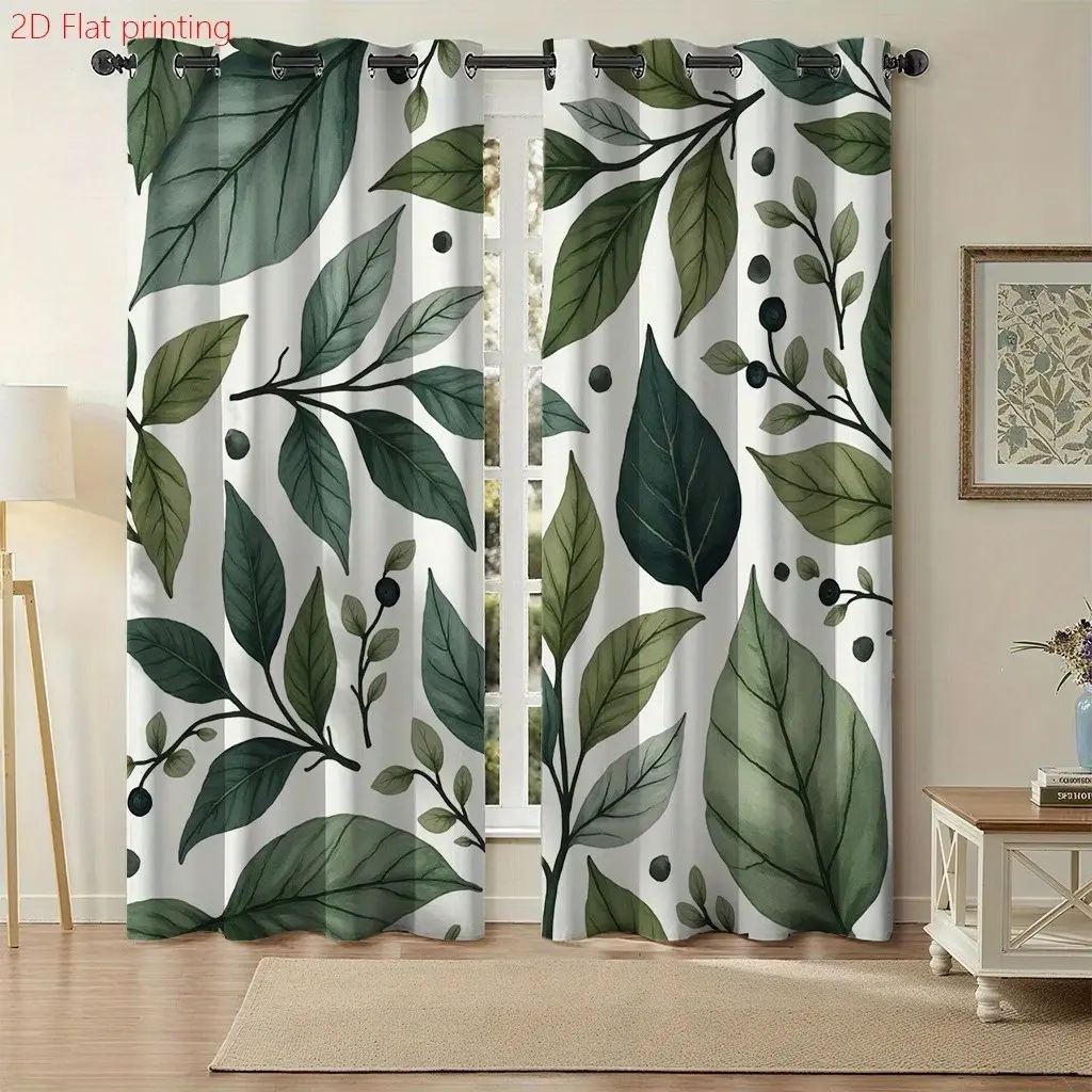 2pcs Watercolor Leaf Curtains Rod Pocket, Fresh Window Drapes, Home Decoration Curtain for Botanical Style, Nature Homeowners, Living Room Bedroom Use