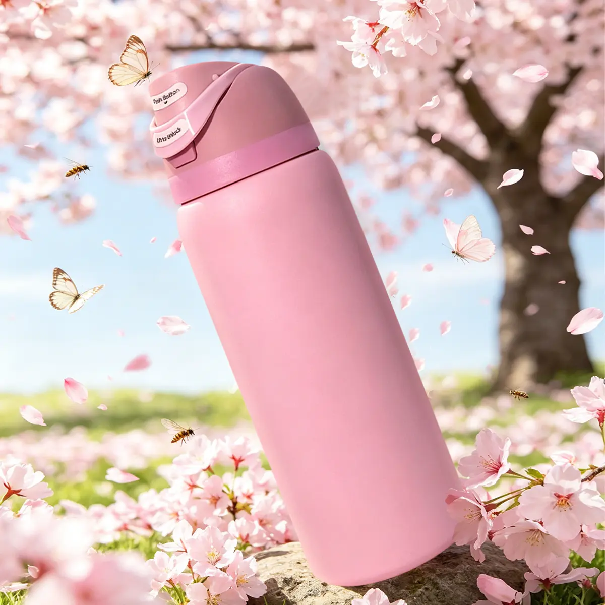 (Cherry Blossom Pink)Crystal 32-oz/945ml Outdoor Sports Water Bottle,Double-layer vacuum insulation design,portable water cup,can keep ice cubes from melting for 8-12H,comes with a carrying rope-4th of july decor-Soccer Gear-Summerwins-camping accessories